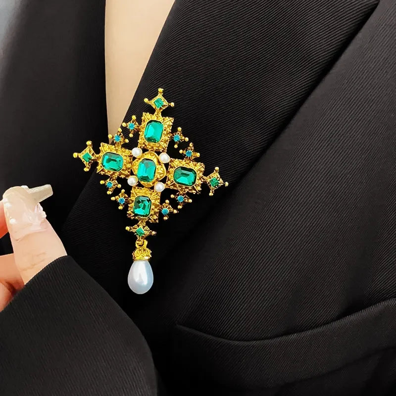 Vintage Cross Brooch for Women Geometric Green Crystal Pearl Pendant Jewelry Accessories