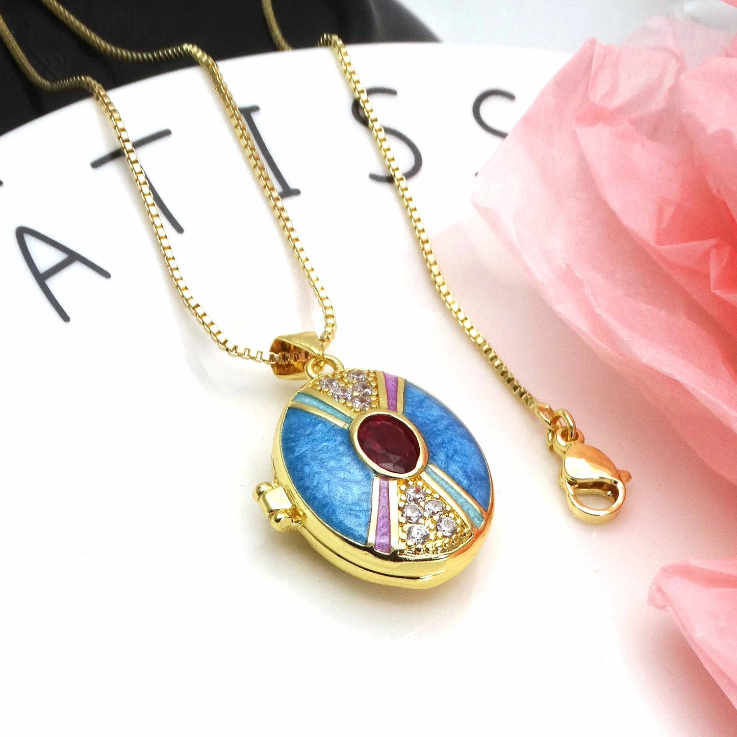 Micro Zircon oil drip photo box Pendant necklace case gaine pendant necklace copper chain jewelry necklace