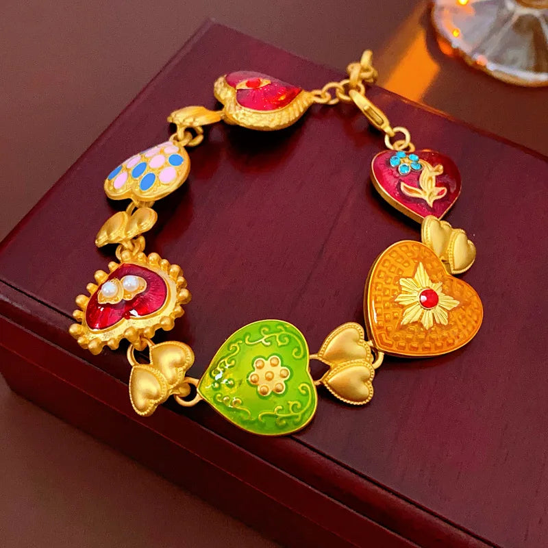 Vintage Bracelet Earrings Set for Women Drip Oil Love Flower Drop Earrings Light Luxury Jewelry Sets Wedding Party Gift