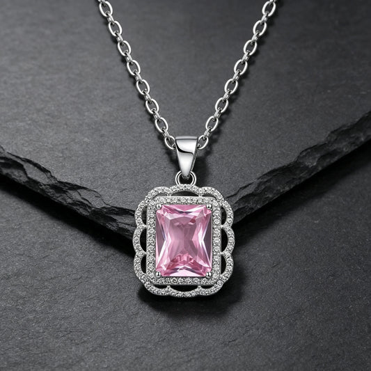 Small Square Charm Cute Pink White Zircon Stone Trendy Pendant Necklace Vintage Silver Gold Color Wedding Jewelry For Women