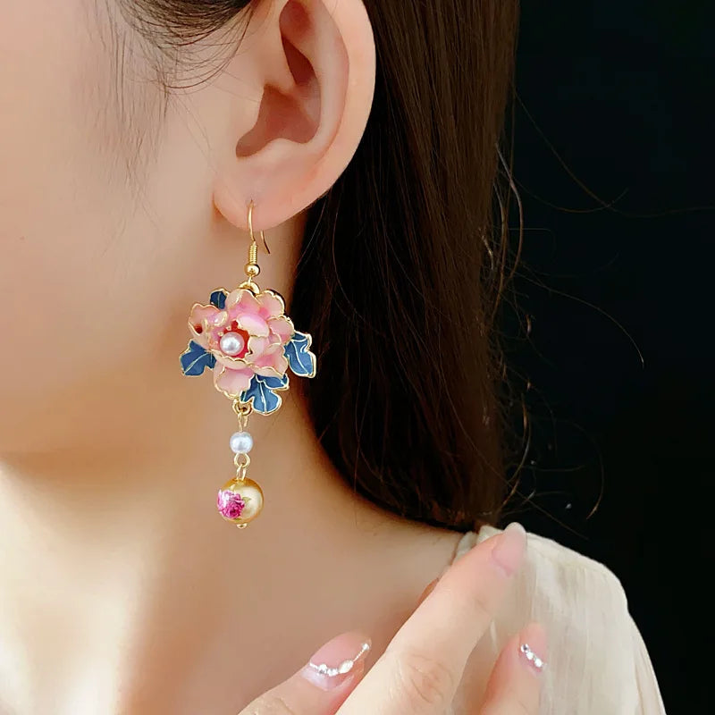 Dripping Oil Flower IDangle Earrings Woman Retro Imitation Pearl Tassel Earrings Exquisite Ear Hooks Banquet Jewelry Gifts K