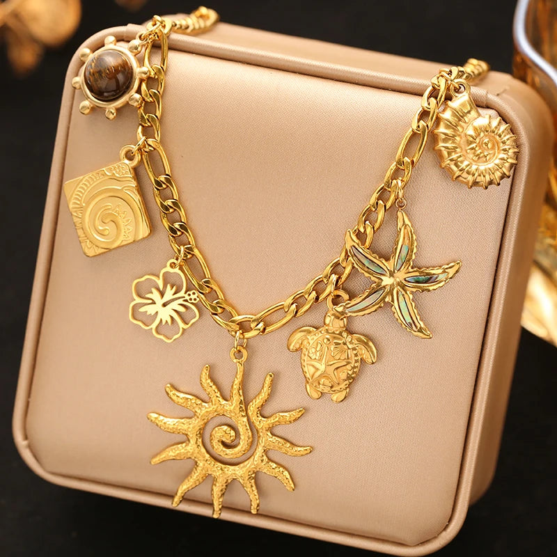 EILIECK 316L Stainless Steel Multiple Charms Pendant Necklace For Women Trendy 18K Gold PVD Plated Waterproof Neck Chain Jewelry