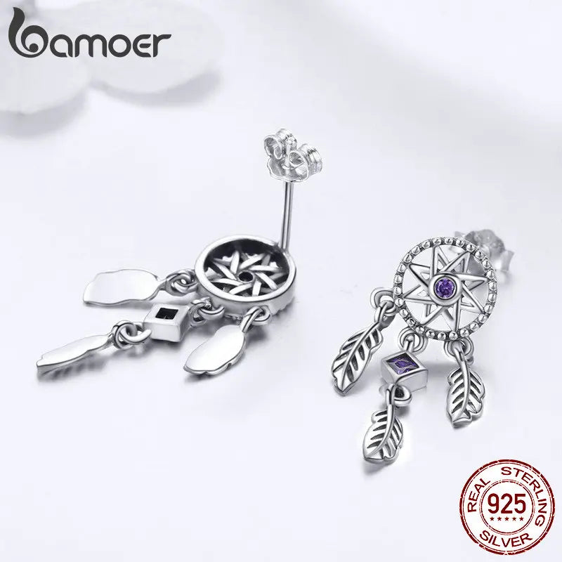 Bamoer 925 Sterling Silver Vintage Dream Catcher Drop Earrings for Women Purple Cubic Zircon Sterling Silver Jewelry SCE502