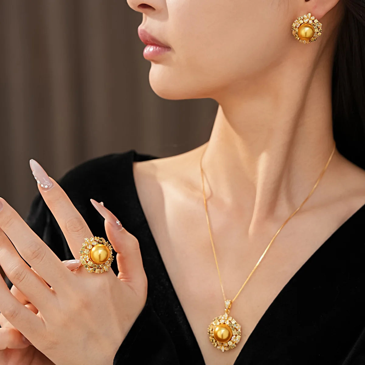 3Pcs/4 Pcs Party Jewelry Set Large Size Pearl Necklace Earrings Rings Ladies Fashion Shiny Zircon Jewelry for Party Banquet K