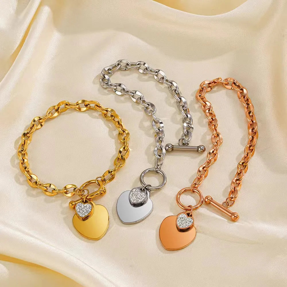 EILIECK New Fashion Stainless Steel Metal Double Heart Necklace Bracelet Set  For Women Waterproof Silver Color Jewelry Gift