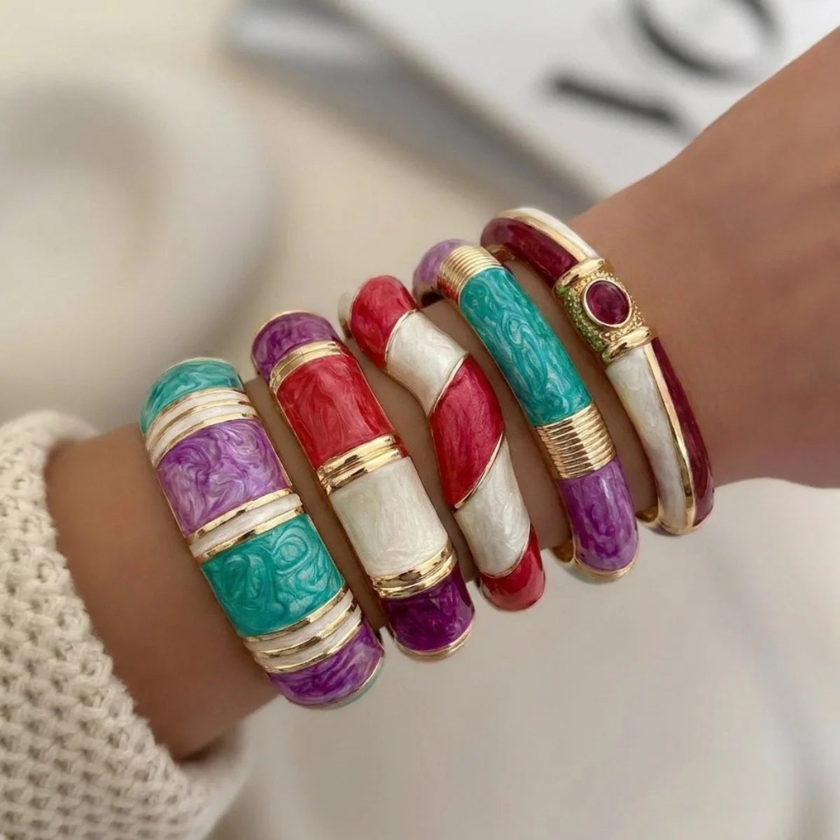 KMVEXO 10 Style Bohemian Colorful Enamel Open Cuff Bracelet For Women Irregular Geometric Metal Bangles Party Jewelry Gift