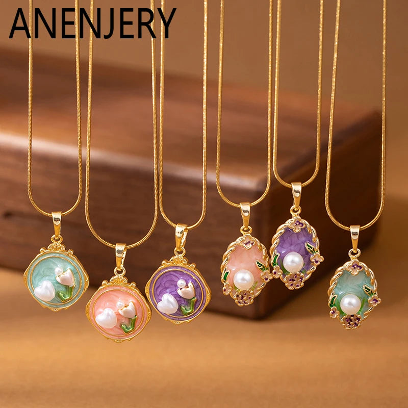 ANENJERY 316L Stainless Steel Flower Butterfly Shell Pendant Necklace For Women Delicate Elegant Fashion Jewelry Gifts Wholesale