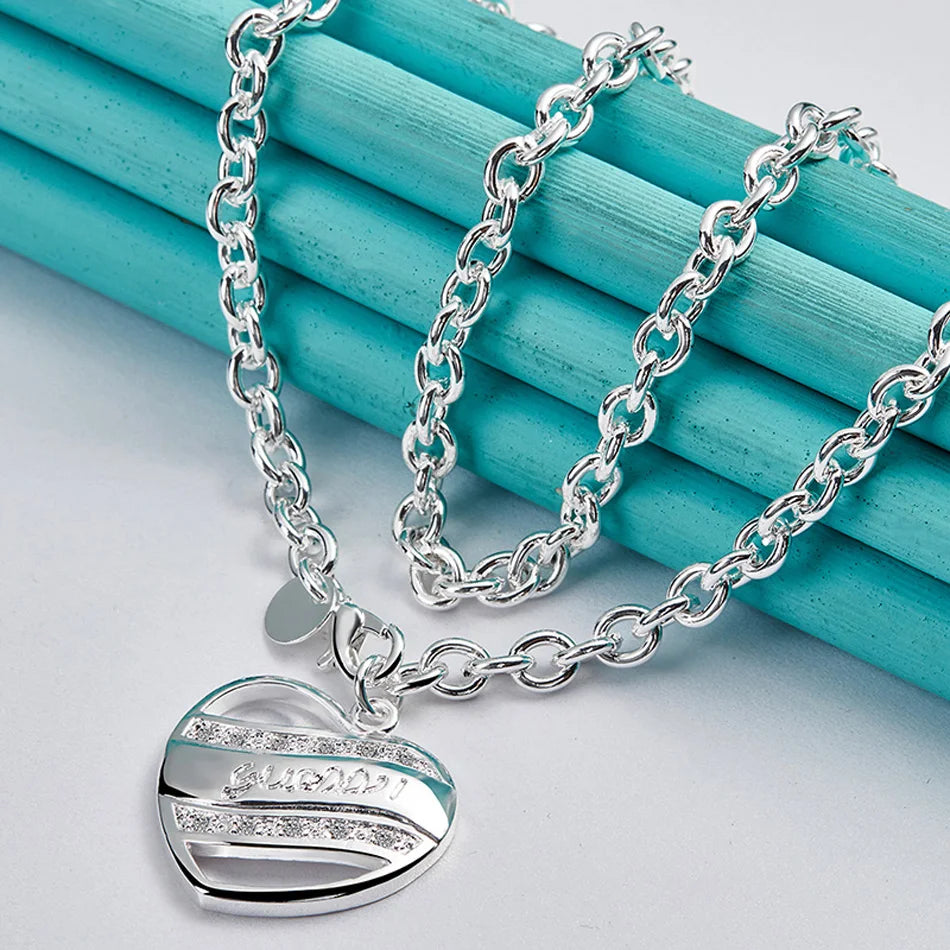 URMYLADY 925 Sterling Silver Love Heart 18 Inch Pendant Necklace For Women Wedding Engagement Fashion Party Jewelry