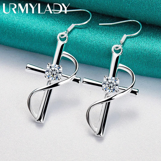 URMYLADY 925 Sterling Silver Cross Zircon Earrings For Women Charm Jewelry Wedding Fashion Gift