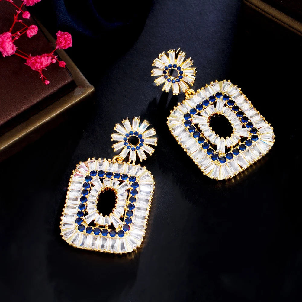 ThreeGraces Luxurious Shining Baguette Cubic Zirconia Long Big Dangle Drop Earrings for Women New Trendy Party Jewelry E1035
