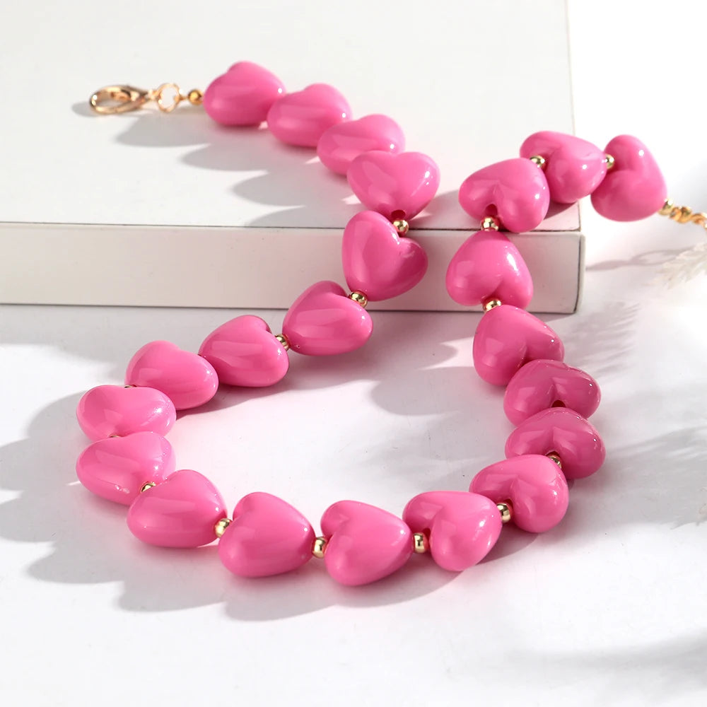 Fashion Pink Acrylic Geometric Beads Bracelets Necklace Earrings for Women Heart Tube Beaded Bracelets 2026 New Jewelry Gifts