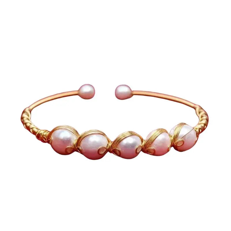 Handmade Open Bracelet with Natural Freshwater Pearls, Forest-Inspired Adjustable Wristband, Authentic Instagram Fairytale Style
