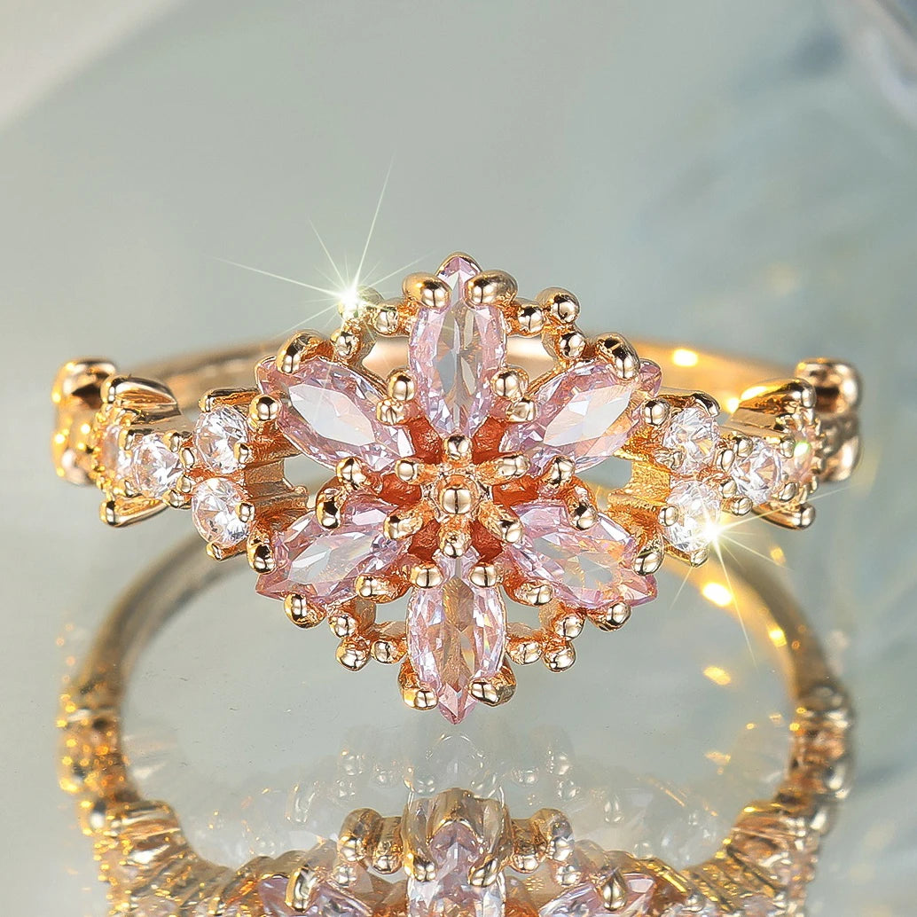 Cute Female Zircon Stone Flower Ring Gold Color Engagement Charm Wedding Jewelry For Women
