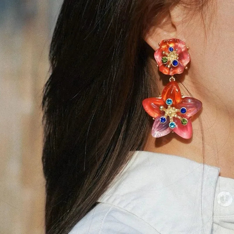 NISHIZAWA Gradient Crystal Earrings for Women Palace Style Vintage Flowers Aretes De Mujer Fashion Elegant Hyperbole Jewelry