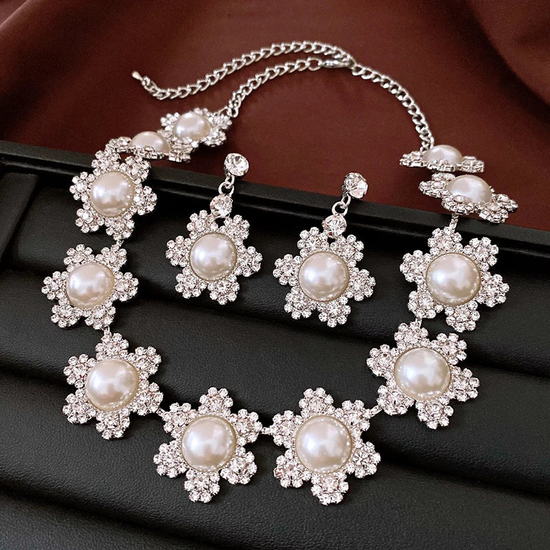 Rhinestone Pearls Flower Choker Necklace Earring sets Gifts Party Prom Wedding Dress Jewelry Sets for Women Accessories