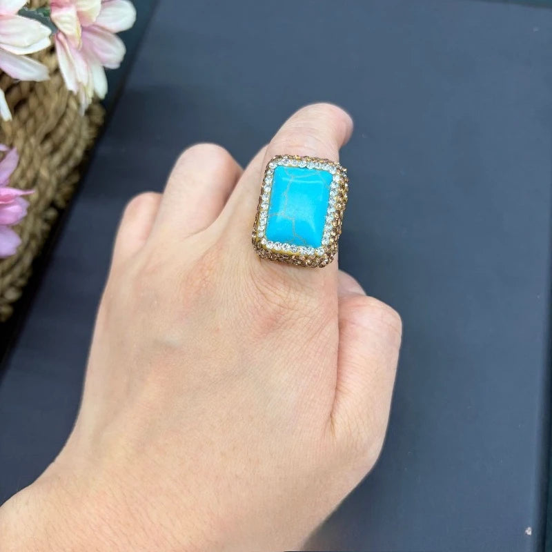 Vintage Luxury Gold Plated Jewelry Set for Women Turquoise Rhinestone Bangle & Ring Elegant Statement Wedding Party Accessories