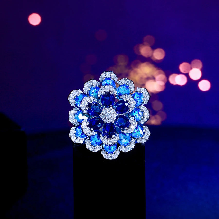 ThreeGraces Elegant Shiny Blue Zirconia 3D Design Big Flower Open Size Ring for Women Luxury Bridal Wedding Party Jewelry R325