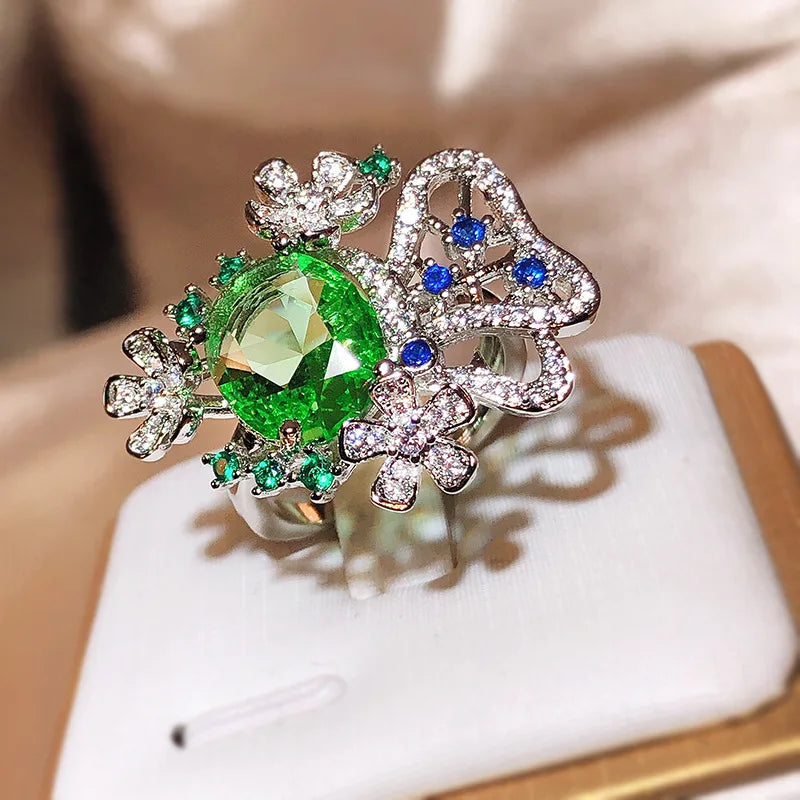 New Small Fresh Flower Oval Green Zircon Ring For Women 925 Silver Cutout Jewelry Wedding Goddess Festival Gift