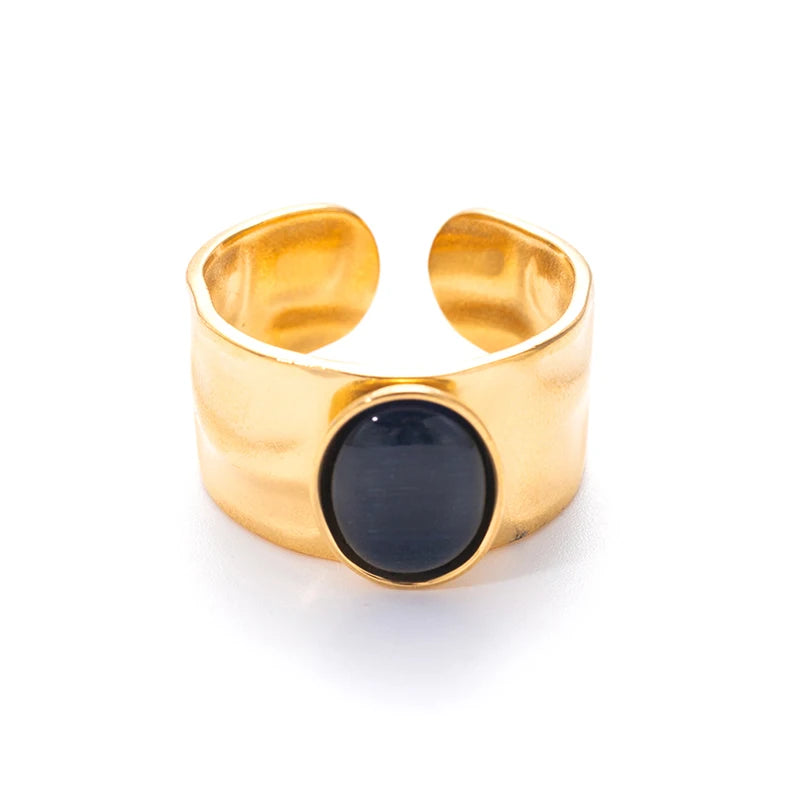 ANENJERY 316L Stainless Steel Colorful Stone Wide Smooth Open Ring for Women Men Elegant Noble Jewelry Gifts Wholesale