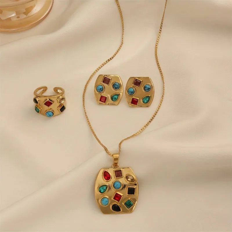 4pcs/set Fashion Jewelry Set with Colorful Inlaid Zirconia Pendant Necklace Earrings Ring for Women Holiday Party Accessories