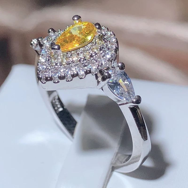 Classic Water Drop Yellow Zirconia Full Diamond Sparkle Ring Women Party Wedding 925 Stamp Fashion Jewelry Ladies Gift