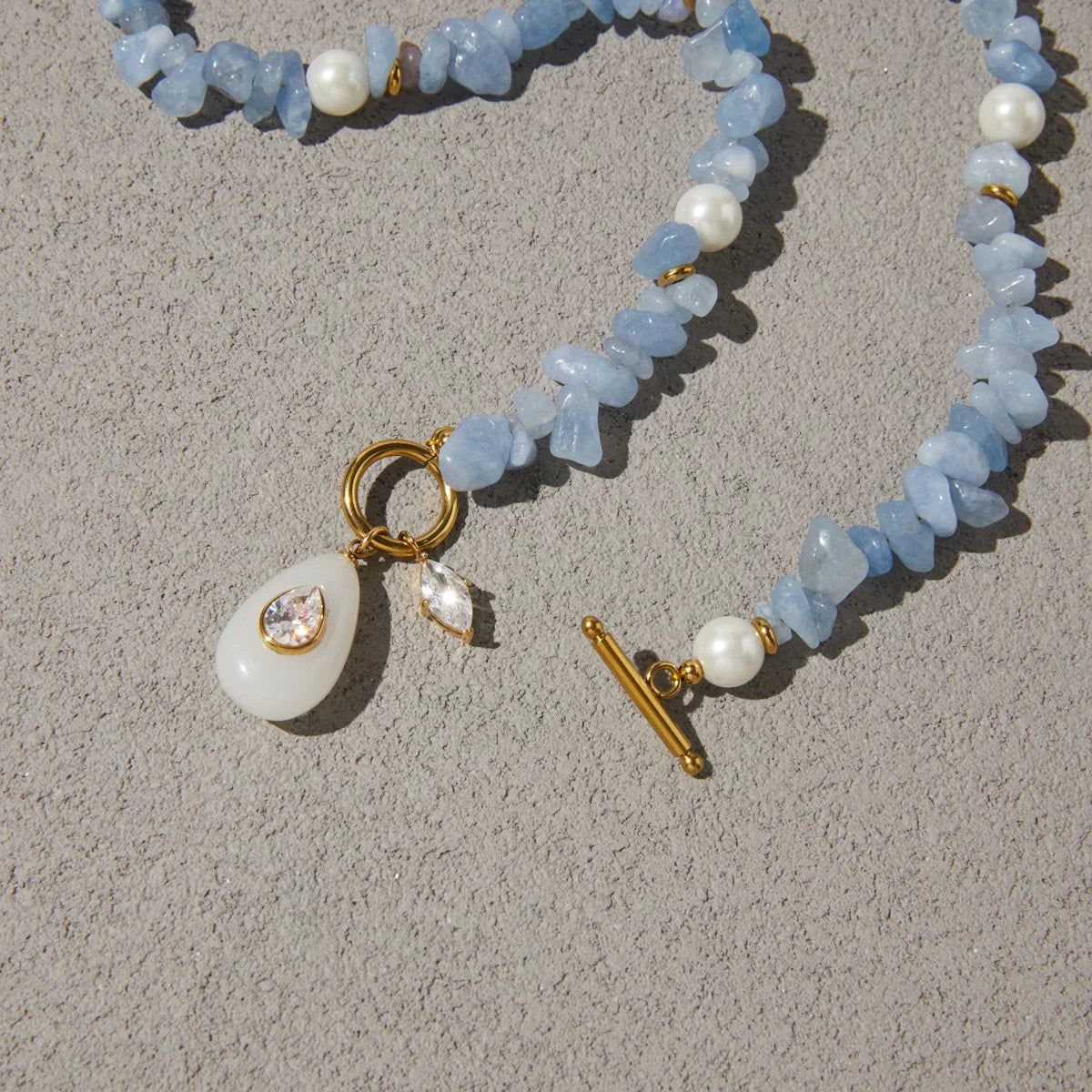 Fashion Oval Natural Stone Pendant Stainless Steel Necklace with Zircon Pearl Summer Style Stone Chip Handmade Collars Jewelry