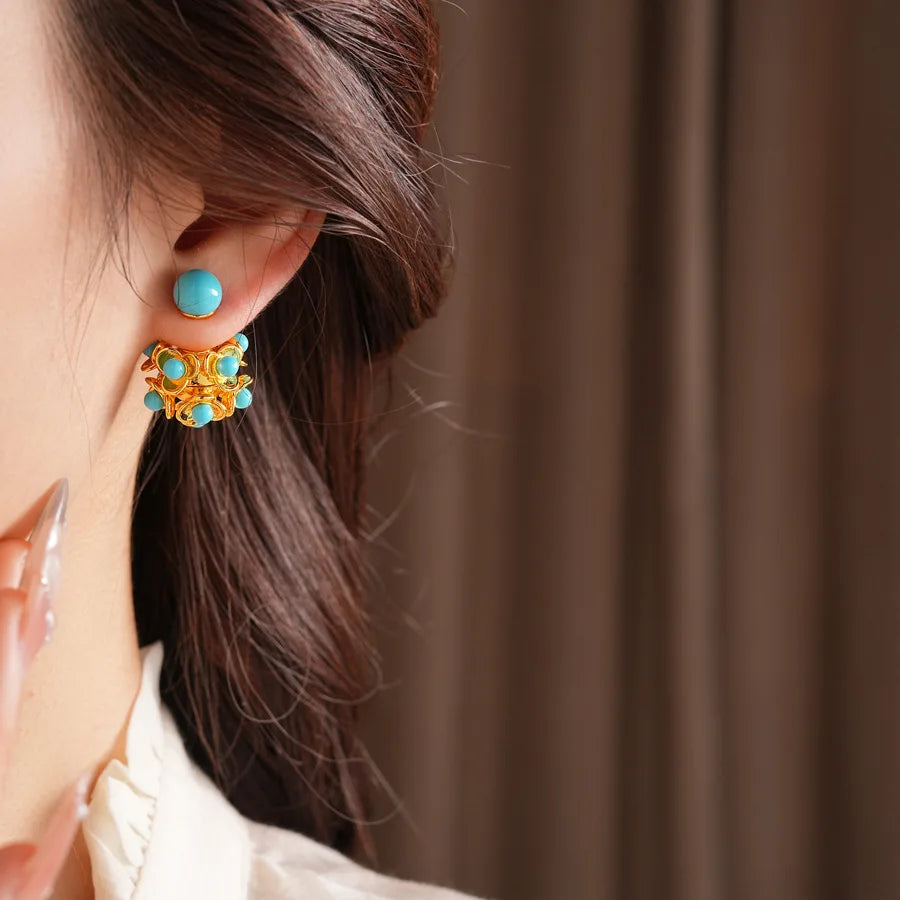 Dual-style Cubic Resin Flower Hollow Out Stud Earrings for Lady Retro Double Balls Ear Studs Statement Party Jewelry N1