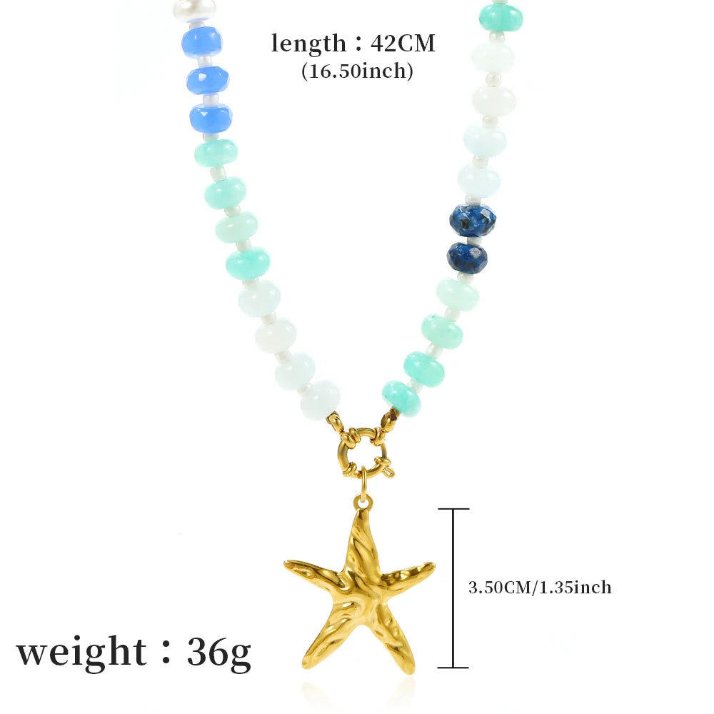 Badu Summer Colorful Natural Stone Beads Stainless Steel Starfish Pendant Necklace for Women Bohemia Beach Jewelry Waterproof