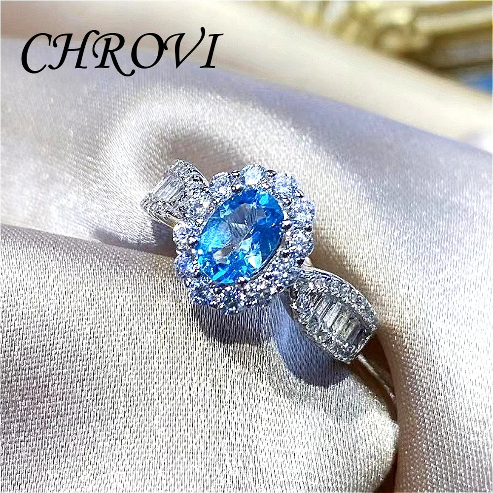 Fashion 925 sterling silver sky blue topaz full diamond minimalist style open ring for women - finger ring