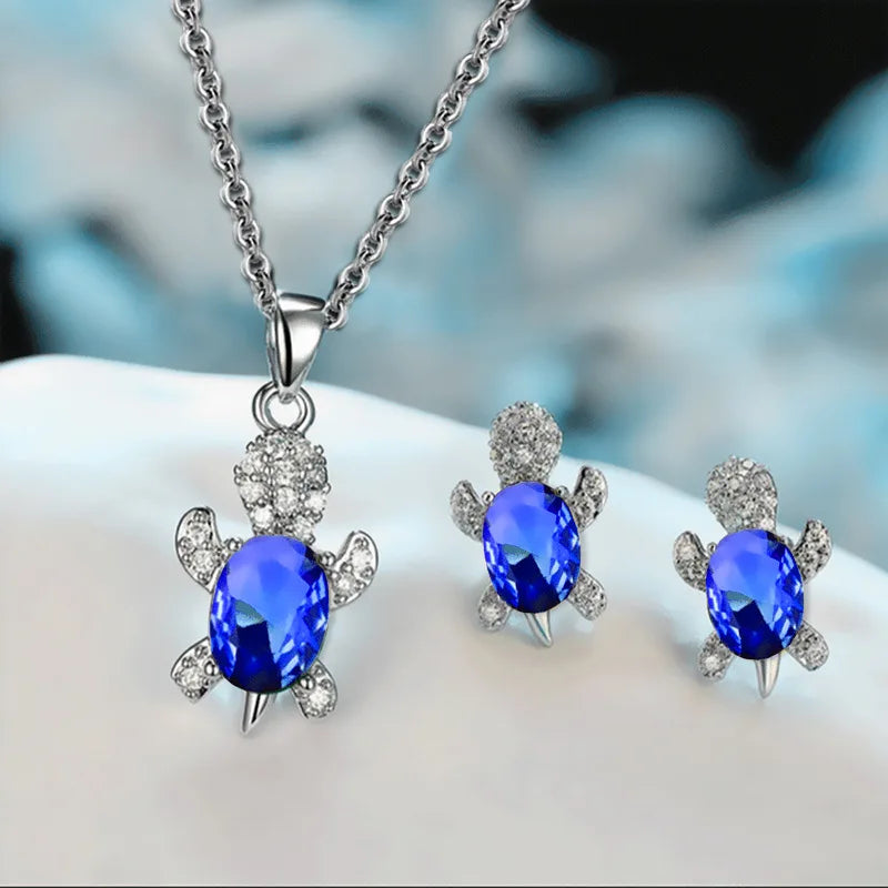 Multicolor Rhinestones Turtle Necklace Earrings sets for Women 14k Platinum Plated 3 Pcs Jewelry Set Female Party Wedding Gifts