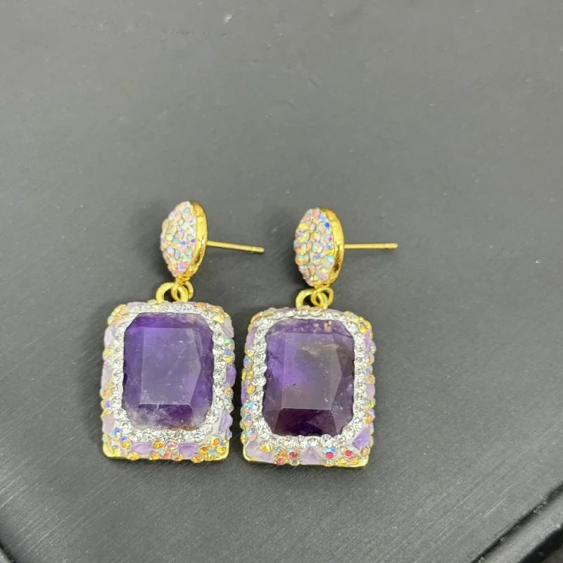 Natural Stones Earrings for Women Crystal Geometric Vintage Elegant Jewelry Light Luxury Fashion Dinner Party Aretes De Mujer