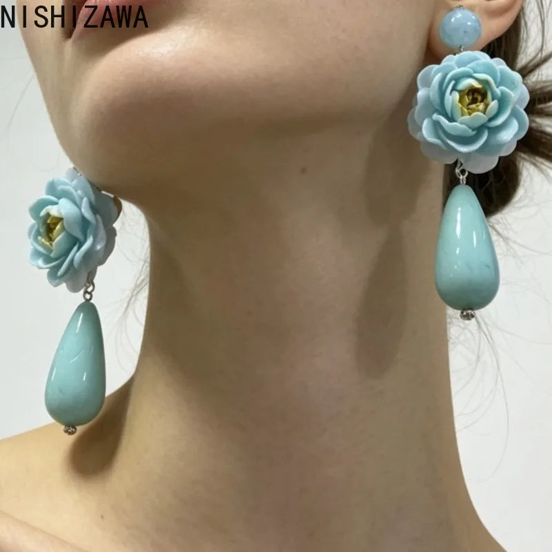 Blue Flowers Earrings for Women Teardrop Vintage Palace Style Sweet Pendientes Mujer Elegant Exquisite  Versatile Jewelry