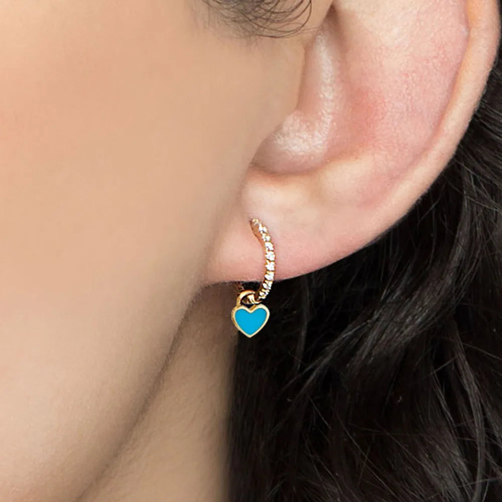 New Trendy Rhinestone Small Circle Hoops with Cute Candy Neon Color Heart Hanging Earrings for Women Gold Plated Huggies Jewelry