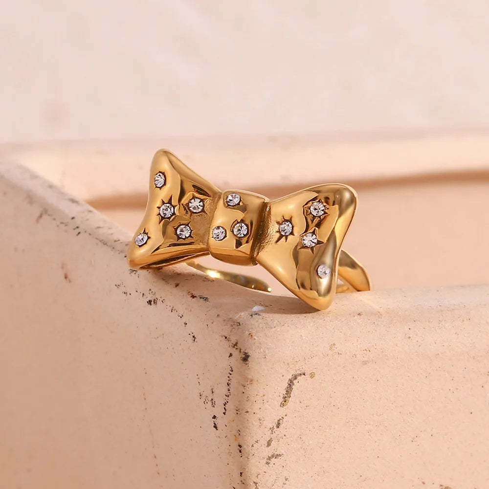 E.B.belle Micro Inlaid Bow Open Ring Waterproof Silver Color 316L Stainless Steel Decoration 18K Gold Plated Jewelry