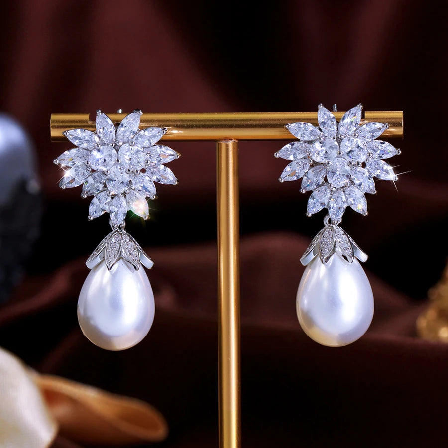 ThreeGraces Elegant Shiny Zirconia Long Big Simulated Pearl Bridal Wedding Engagement Earrings for Women Party Jewelry E1992