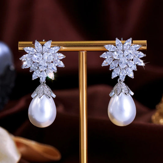 ThreeGraces Elegant Shiny Zirconia Long Big Simulated Pearl Bridal Wedding Engagement Earrings for Women Party Jewelry E1992