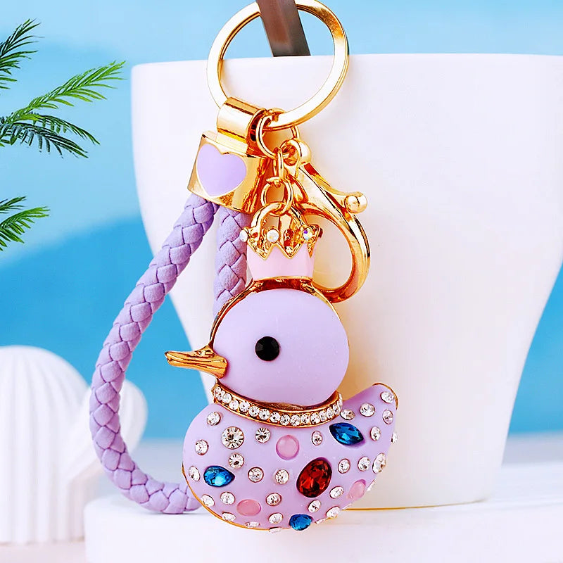 Creative rhinestone cute big yellow duck car keychain women's bag pendant metal key chain ring festival gift wholesale