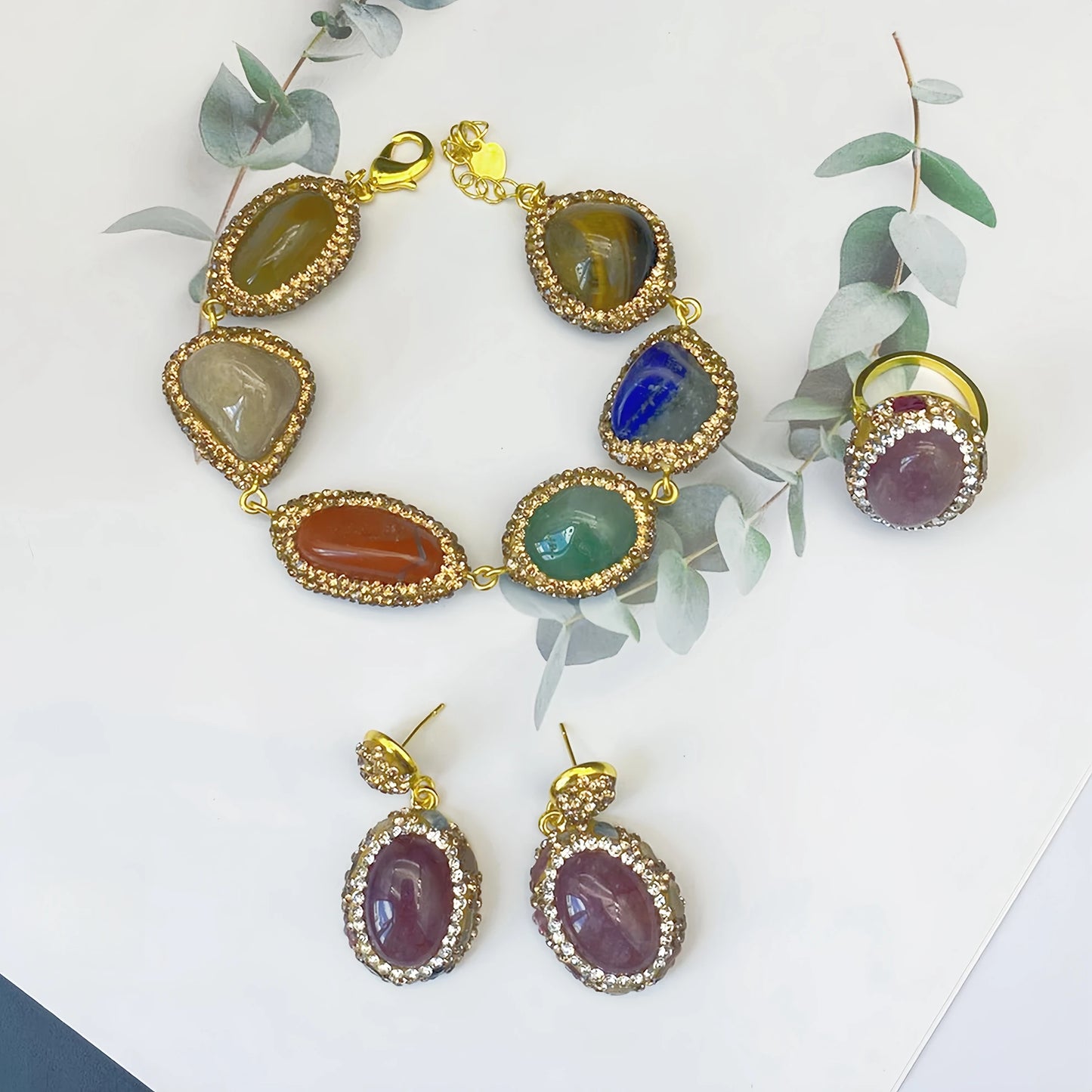 Colorful Multi Crystal Stone Jewelry Sets Natural Amethyst Tiger's Eyes Quartz Inlaid Rhinestone Beaded Necklace Earring