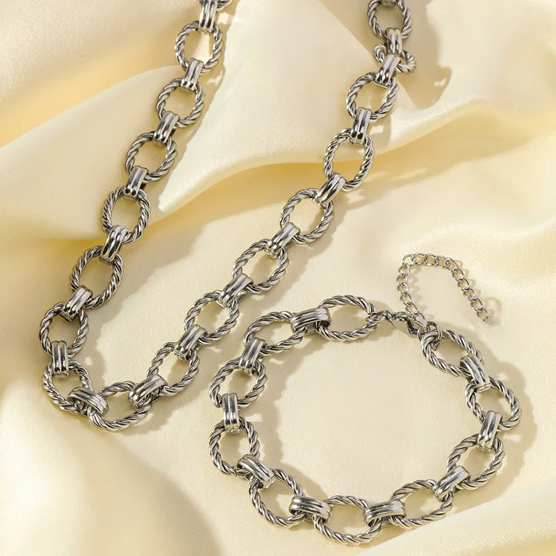 EILIECK 316L Stainless Steel Metal Gold Color Oval Link Chain Necklace Bracelet Set For Women Fashion Punk Waterproof Jewelry