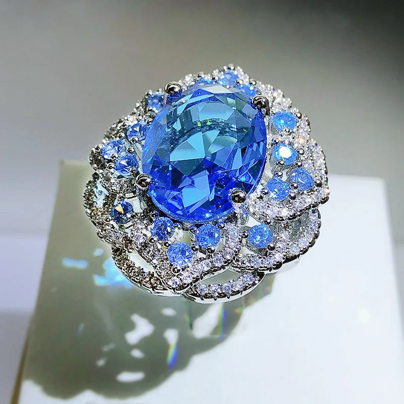 High Quality Sparkling Blue Zircon Large Flower Ring Female 925 Silver Fashion Wedding Party Proposal Jewelry Gift
