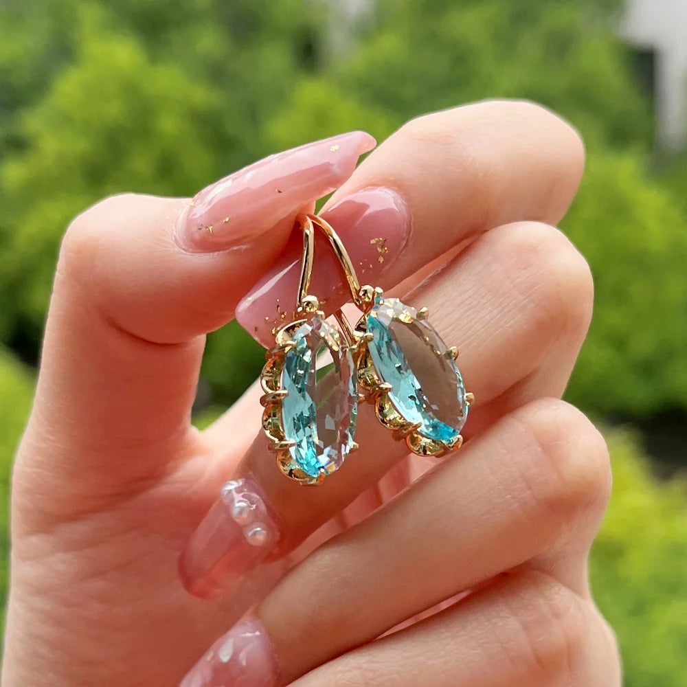 Boho Female Crystal Red Blue Drop Earrings Silver Color Zircon Stone Small Round Wedding Jewelry For Women