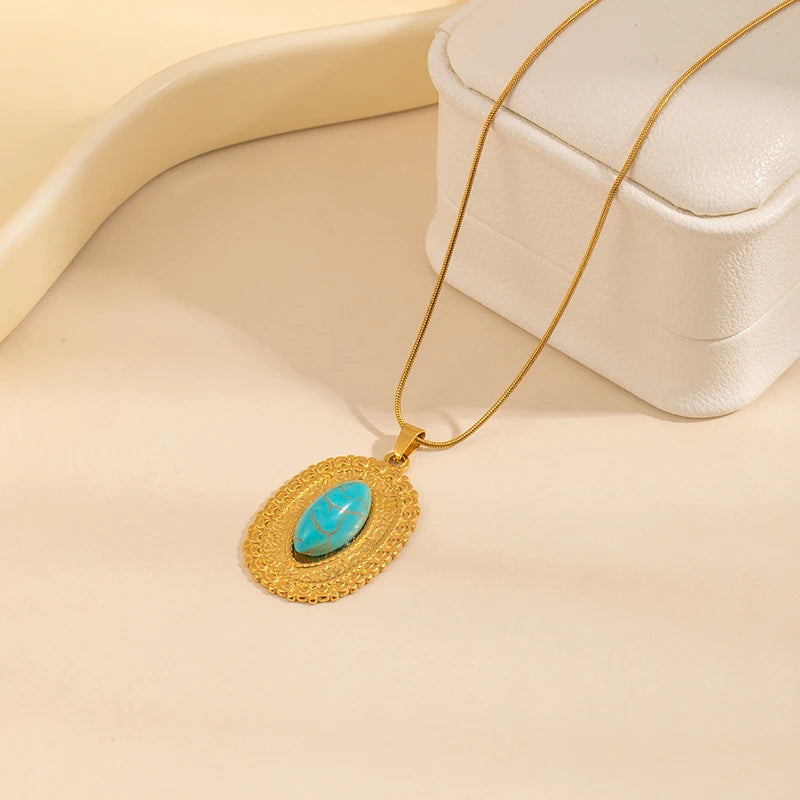 ANENJERY 316L Stainless Steel Turquoise Irregular Geometry Pendant Necklace For Women Boho Retro Personality Jewelry Gifts