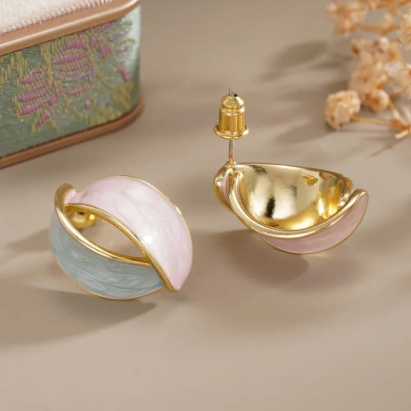 Elegant Wave Design Lady Stud Earring Fresh Style with Pink/Mint Green Enamel Aesthetic Party Accessories Wedding Trendy Jewelry