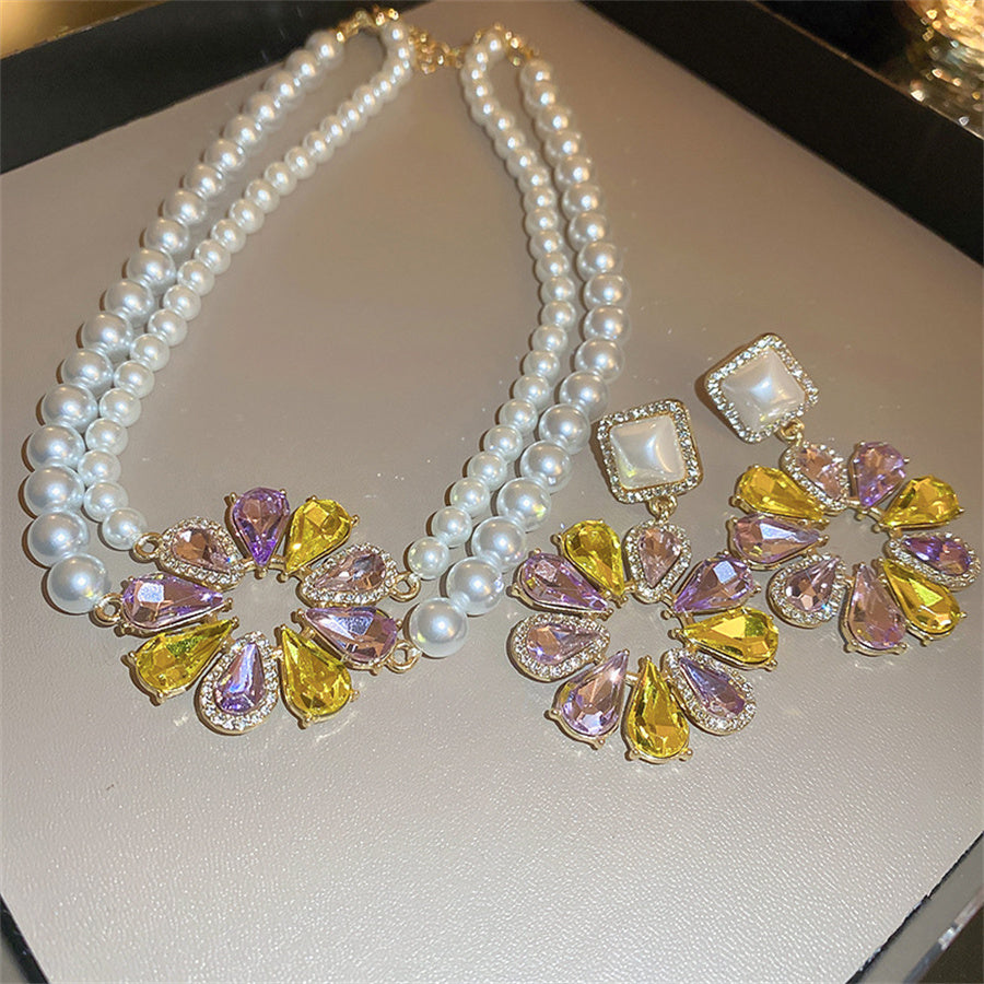 Korean Style Pearl Necklace Earrings For Women Sweet Sunflower Crystal Earrings Weddings Banquet Jewelry Sets