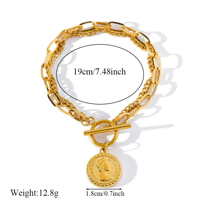 EILIECK 316L Stainless Steel Gold Color Portrait Coin Necklace Bracelets Set For Women New Trendy OT Buckle Waterproof Jewelry