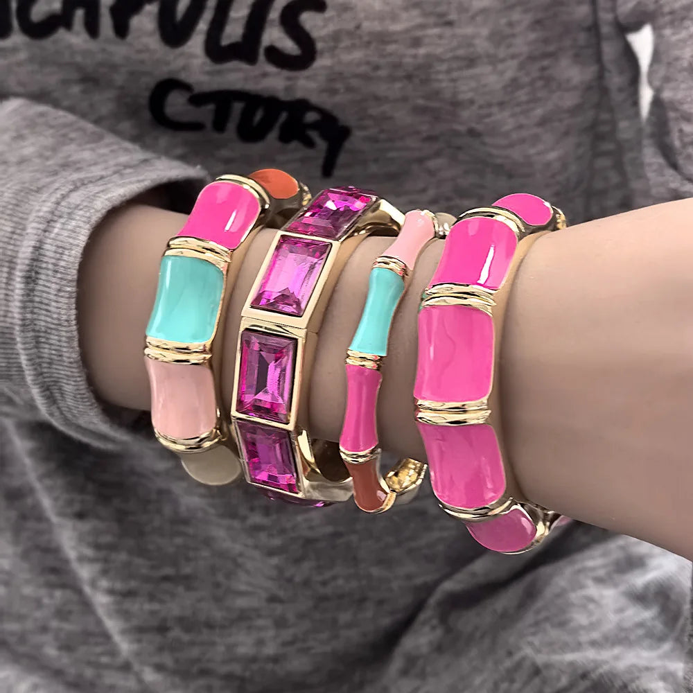 KMVEXO Elegant Charm Pink Zinc Alloy Enamel Bangles Geometric Irregular Wide Cuff Spring Bangle Bracelets For Women Jewelry