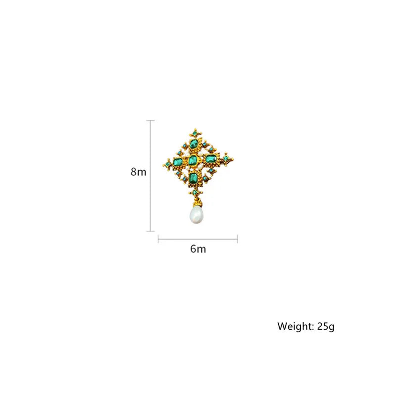 Vintage Cross Brooch for Women Geometric Green Crystal Pearl Pendant Jewelry Accessories