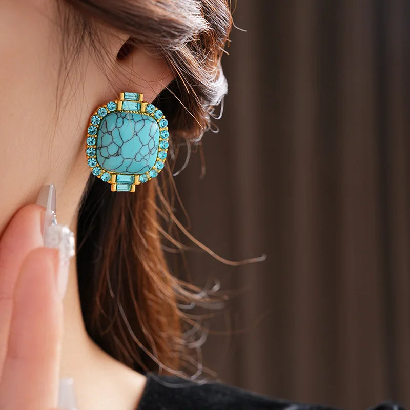 Exquisite Artificial Blue Turquoise Stone Stud Earings Retro Round Square Rhinestones Ear Stud for Lady High-end Jewelry Gift N1