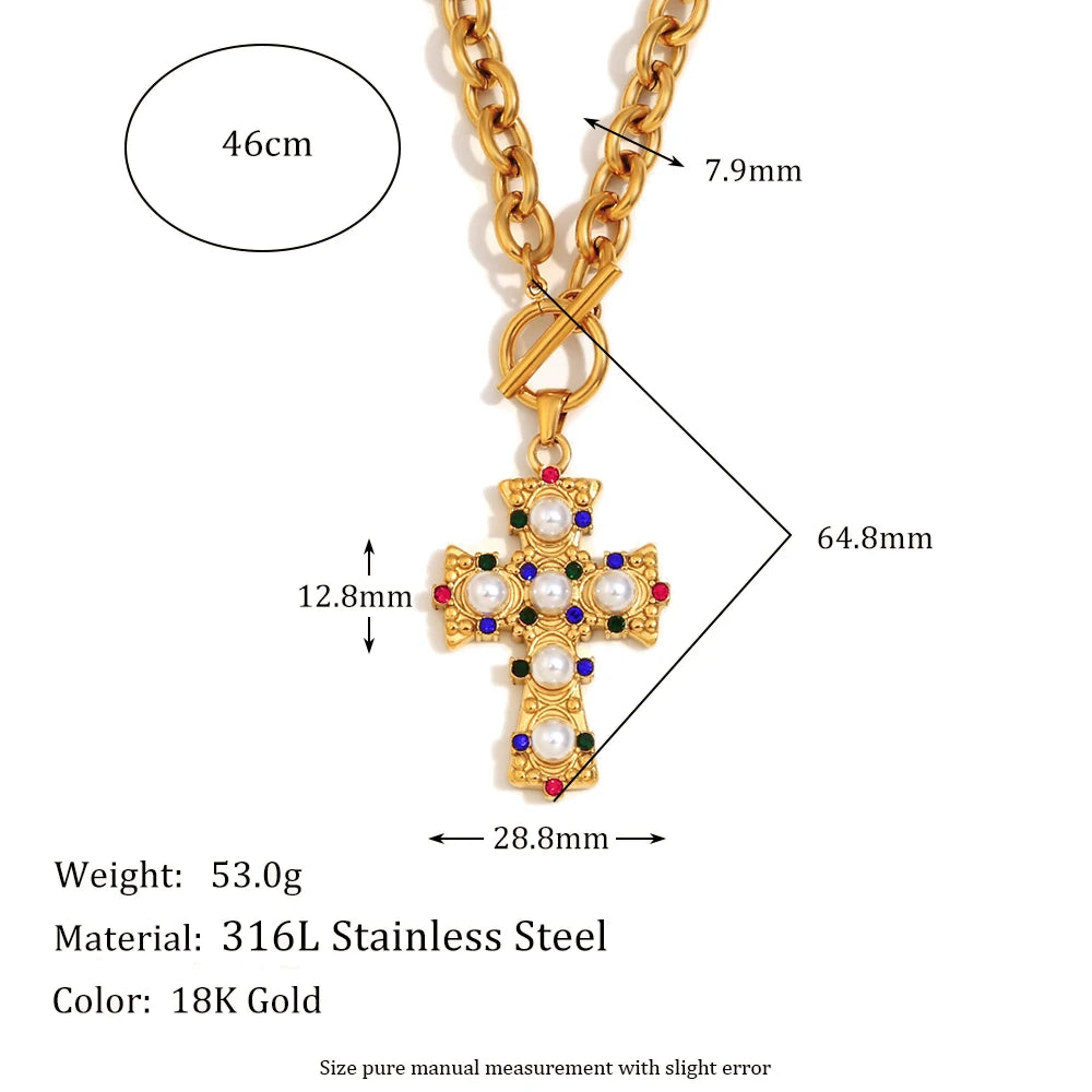 E.B.belle Vintage Style OT Buckle Blue Rhinestone Pearl Cross Pendant Necklace 18K Gold Plated Stainless Steel Neck Jewelry