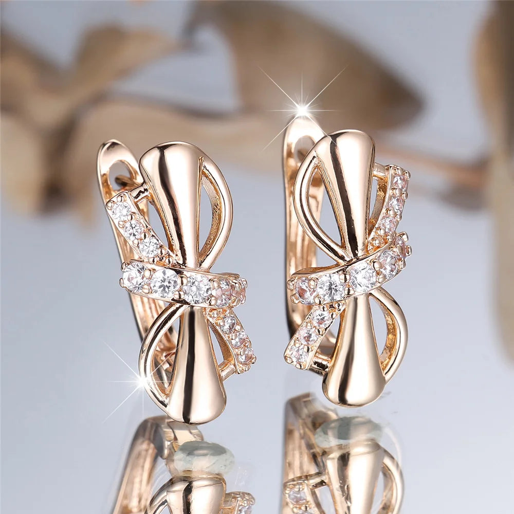 Charm Female White Crystal Zircon Stone Cute Bowknot Hoop Earrings Gold Color Simple Wedding Jewelry For Women